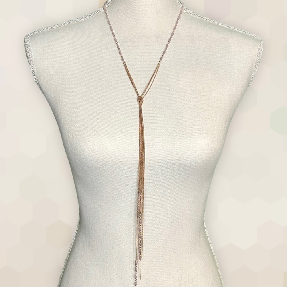 NEW Whimsical Mauve Mixed Stones & Chain Knotted Tassel Necklace - Picture 8 of 8